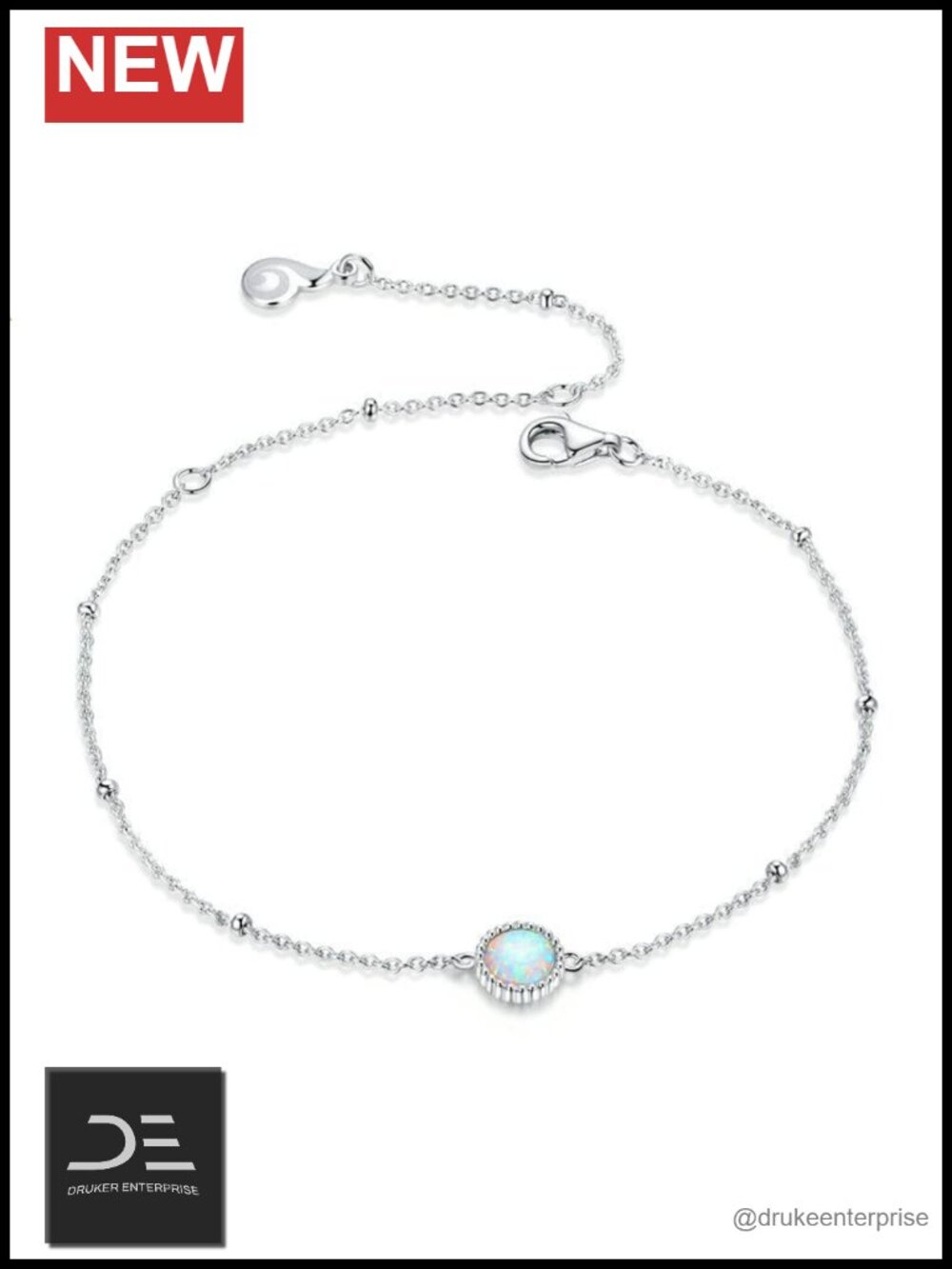 Solid 14K White Gold Over 925 Silver Opal Moissanite Halo Chain Bracelet Dainty